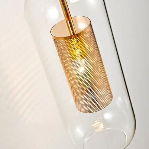 Gold Tone Glass Wall Light with Hanging Cylinder Shade