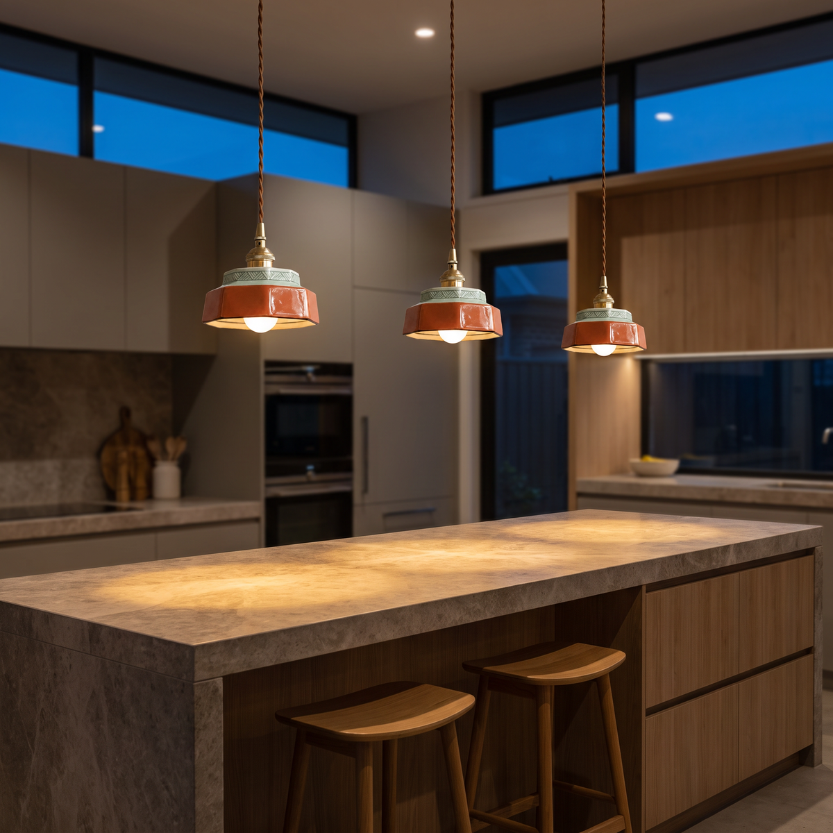 Three hand-painted ceramic pendant lights in a row over a modern kitchen island with bar stools