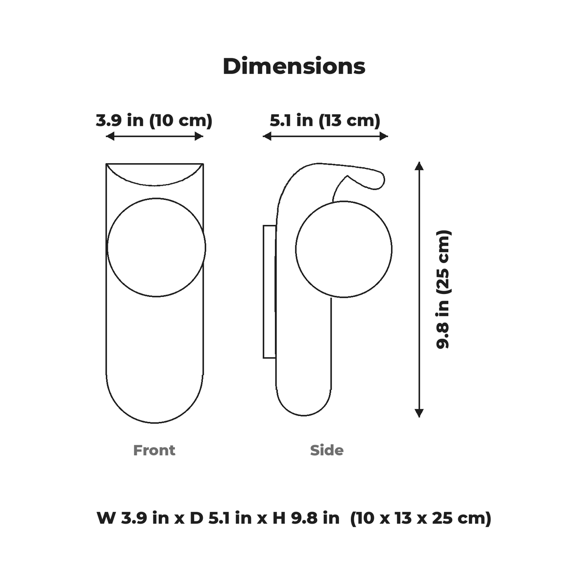 Globe wall sconce dimensions: 3.9 in W x 5.1 in D x 9.8 in H (10 x 13 x 25 cm)