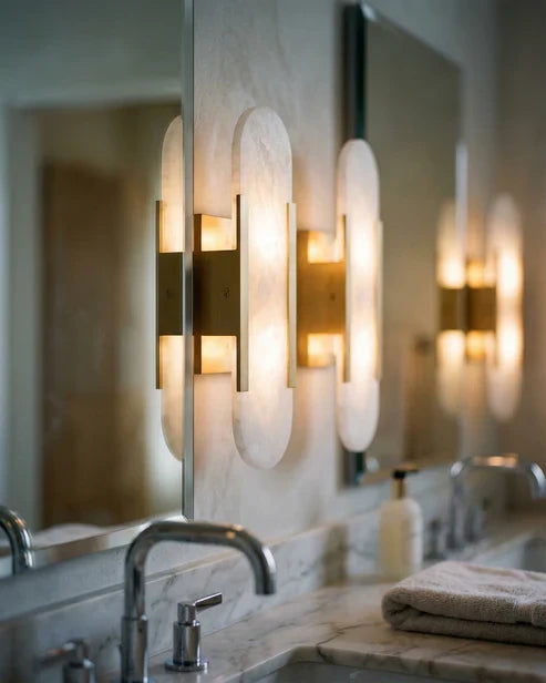 Alabaster Wall Sconce with Gold Metal Frame