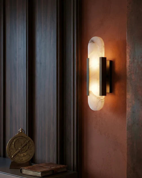 Alabaster Wall Sconce with Gold Metal Frame