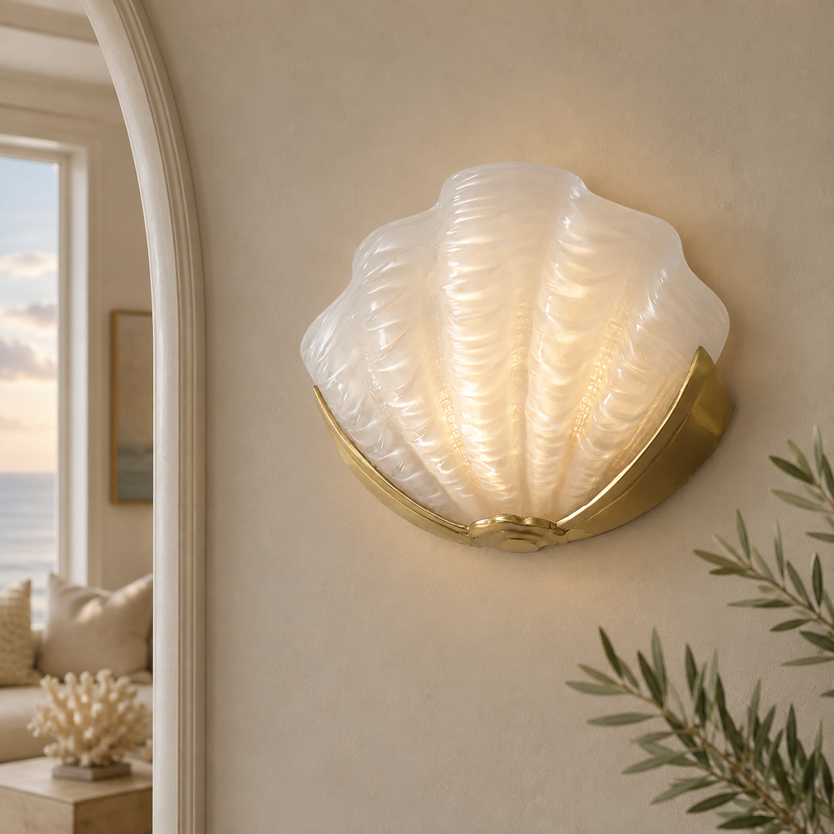 Seashell Glass Wall Sconce – Brass Modern Bedroom & Hallway Light