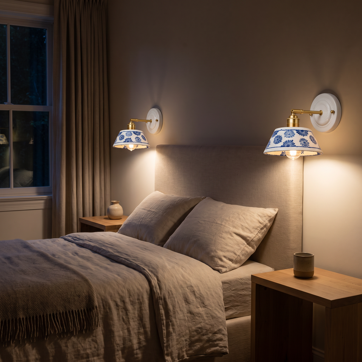 Pair of blue floral ceramic wall sconces lit above a bed on either side in the evening