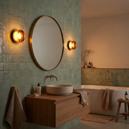 Round glass wall sconce Black mounted beside bathroom mirror
