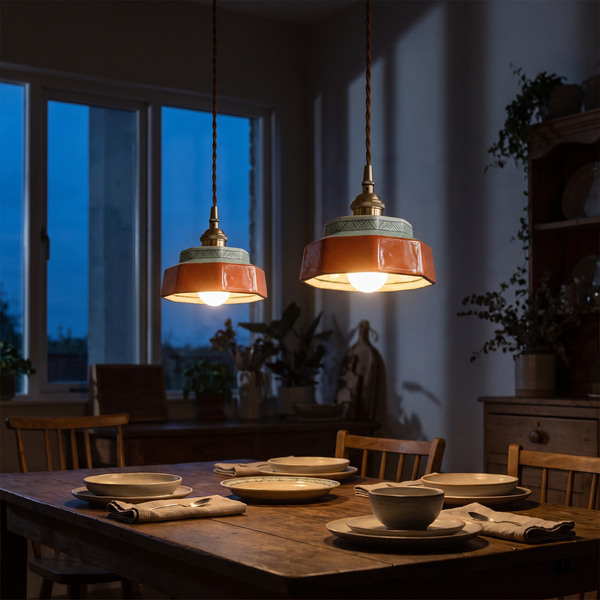 Pair of hand-painted ceramic pendant lights hung low over a wooden dining table at dusk