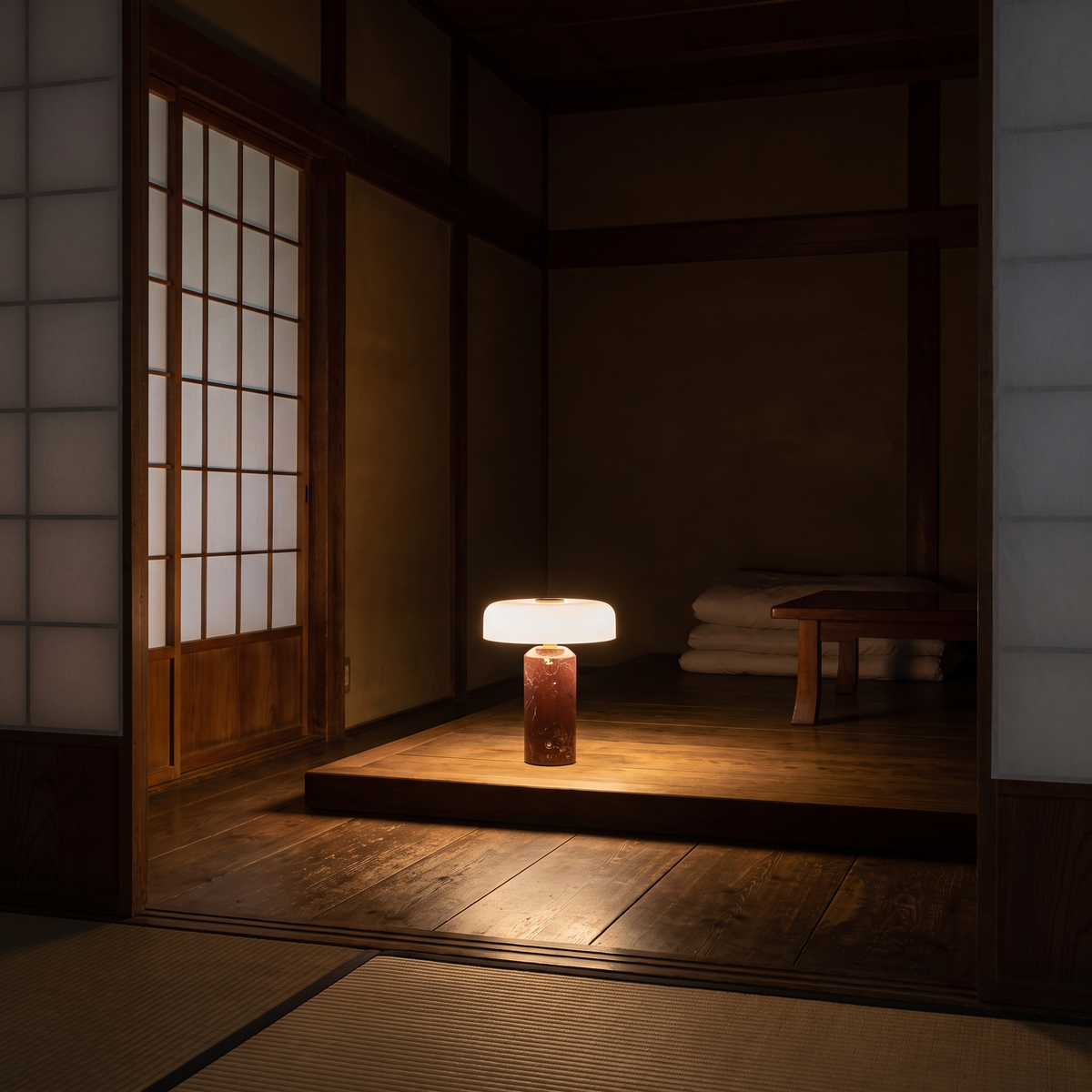 Cordless marble table lamp glowing alone at the center of a traditional wooden Japanese room