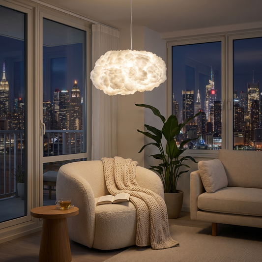 Medium cloud pendant light above a reading corner with NYC skyline at night