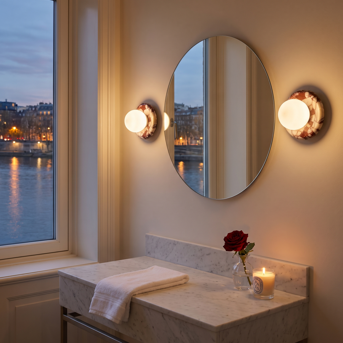 Pair of Bulgari Red marble globe wall sconces beside bathroom mirror