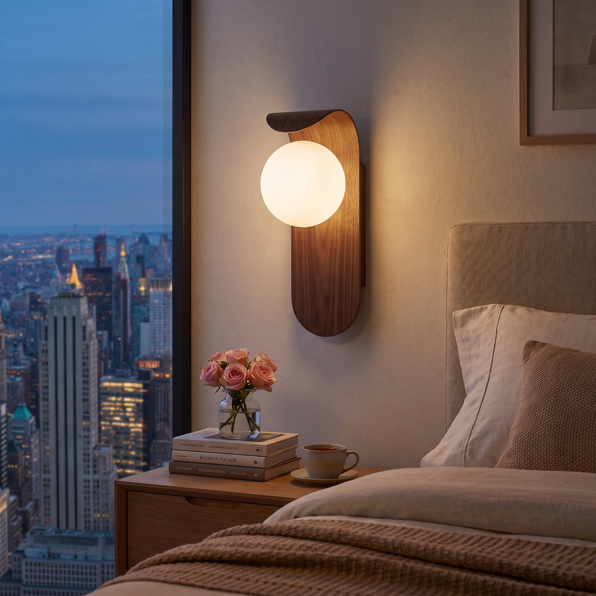Walnut wood-grain globe wall sconce glowing beside a bed with NYC skyline at dusk