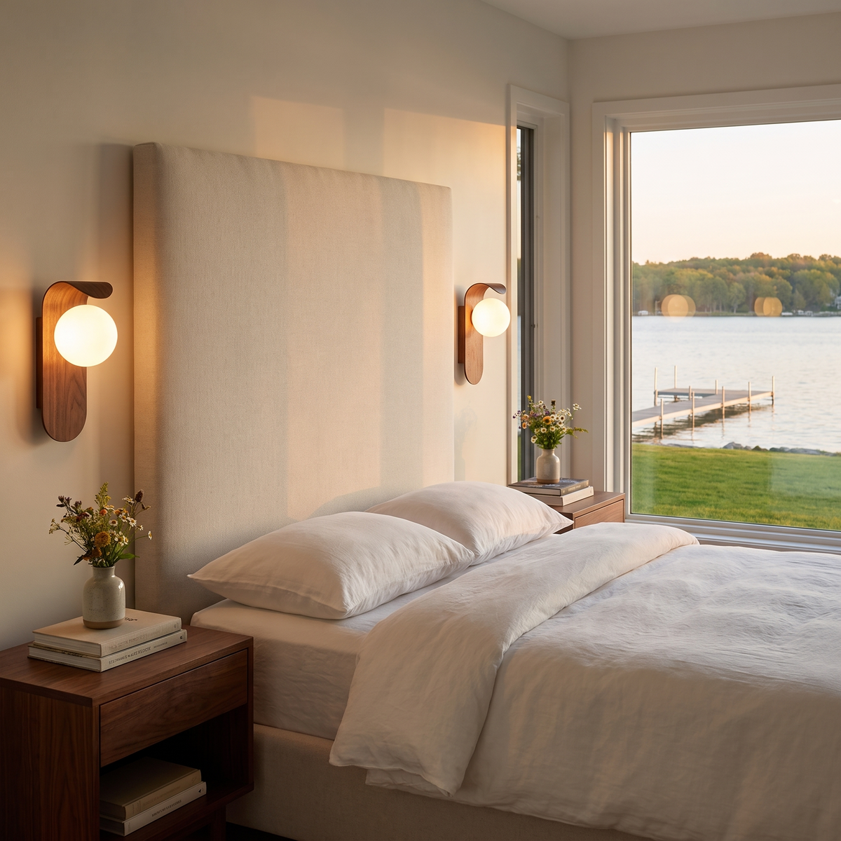 Pair of walnut globe wall sconces beside a bed in a lake house bedroom