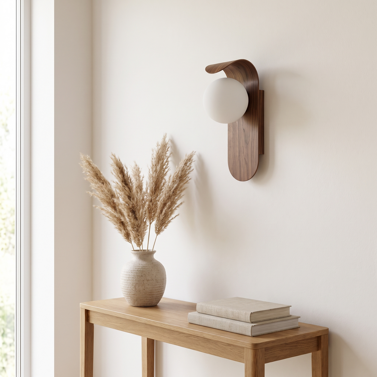 Walnut globe wall sconce above a hallway console in daylight