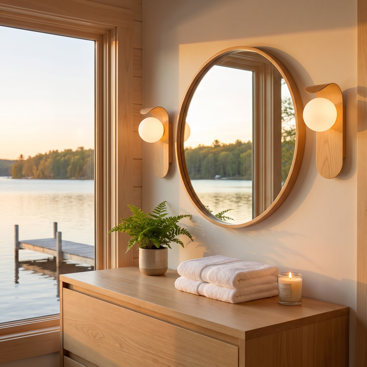 Pair of light wood globe wall sconces beside a bathroom mirror in a lake house