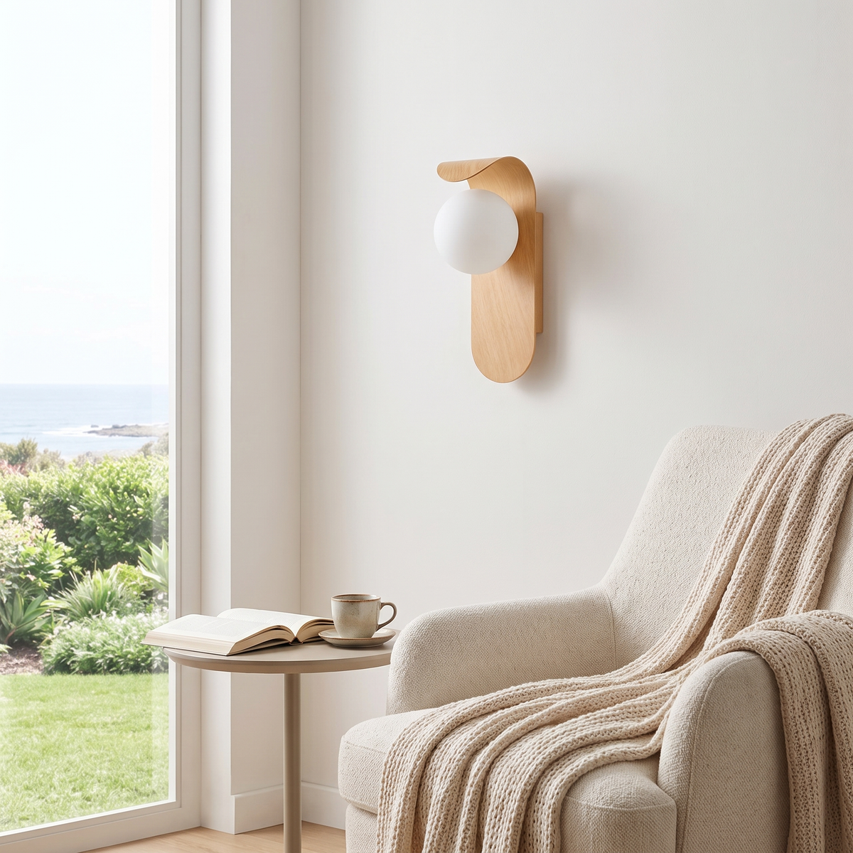 Light wood globe wall sconce beside a reading chair in daylight