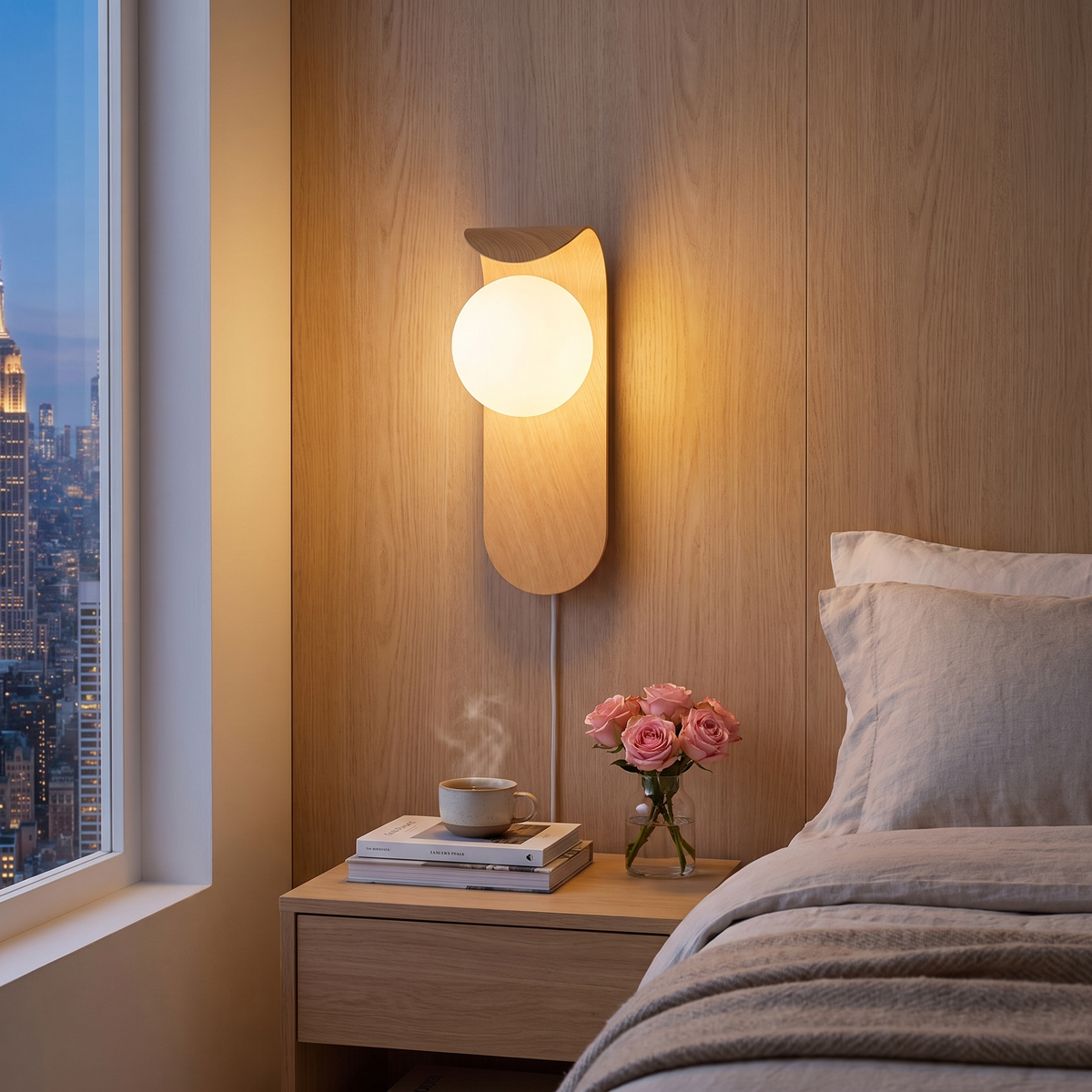 Light wood-grain globe wall sconce beside a bed with NYC skyline at dusk
