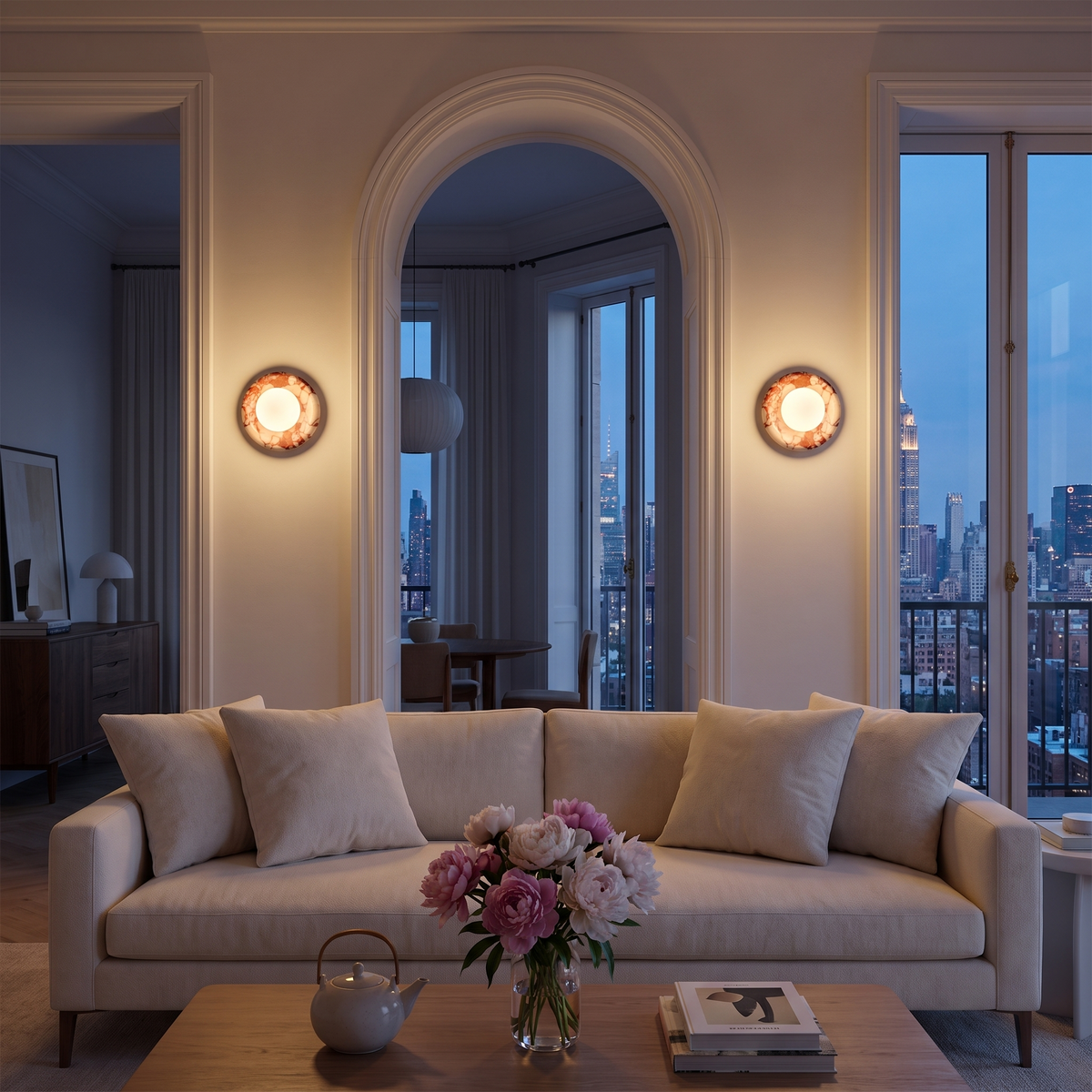 Pair of coral red marble wall sconces in living room, NYC skyline