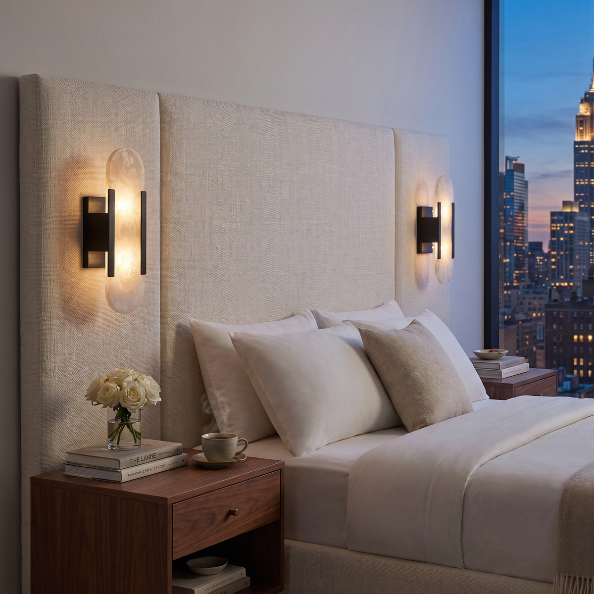 Pair of black-frame alabaster wall sconces flanking a bed, NYC skyline at dusk