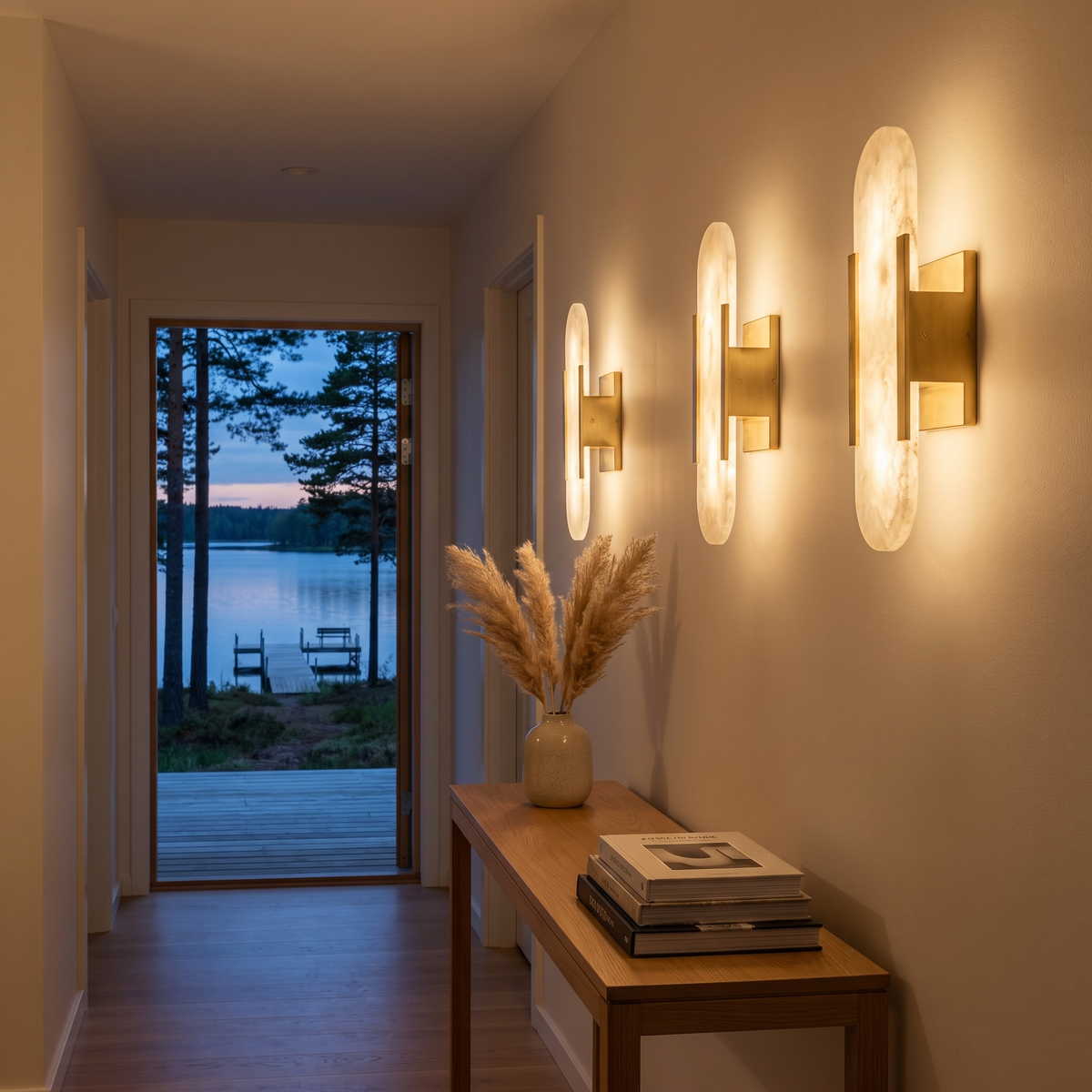 Row of gold-frame alabaster wall sconces along a hallway, lake view