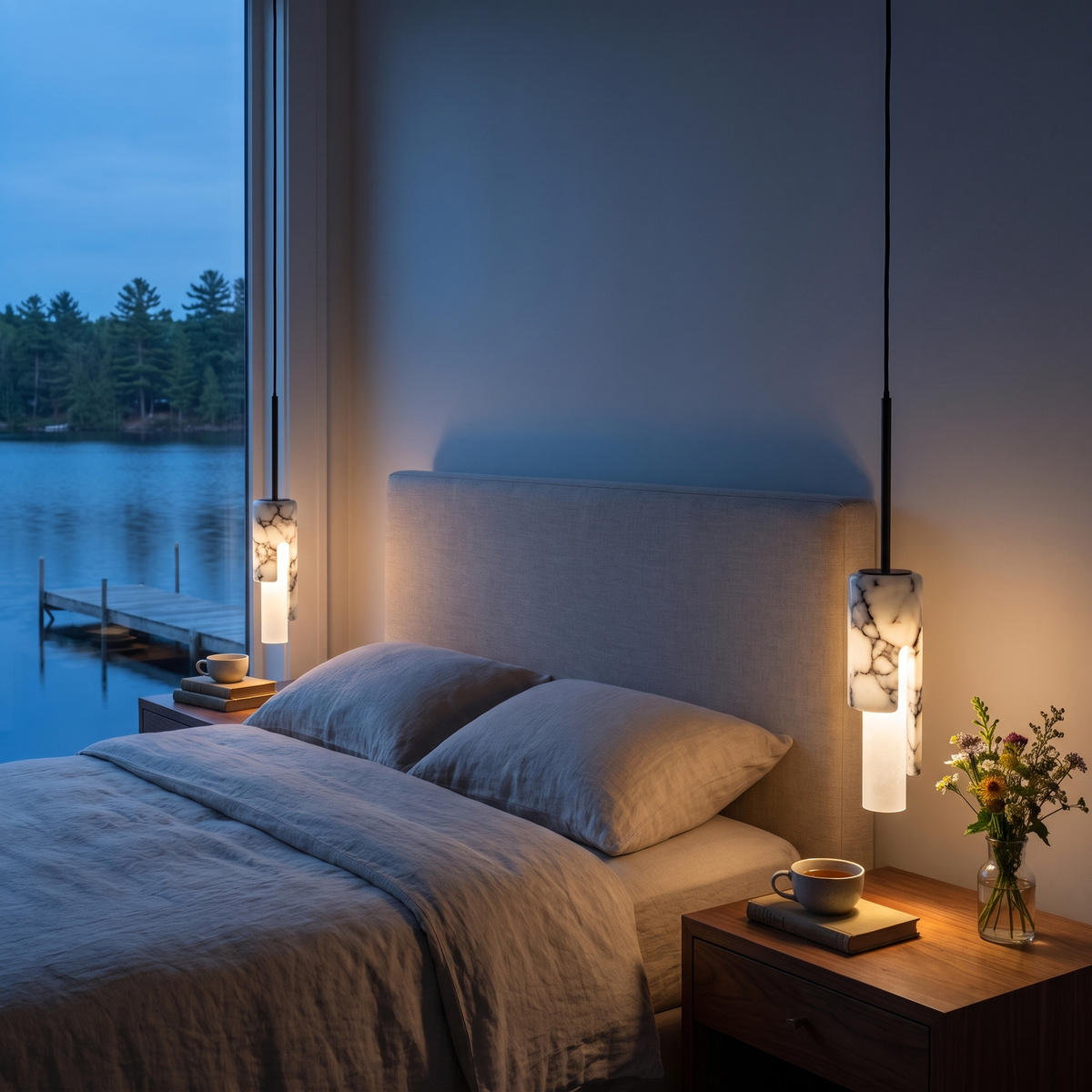 Pair of marble cylinder pendant lights beside a bed at dusk