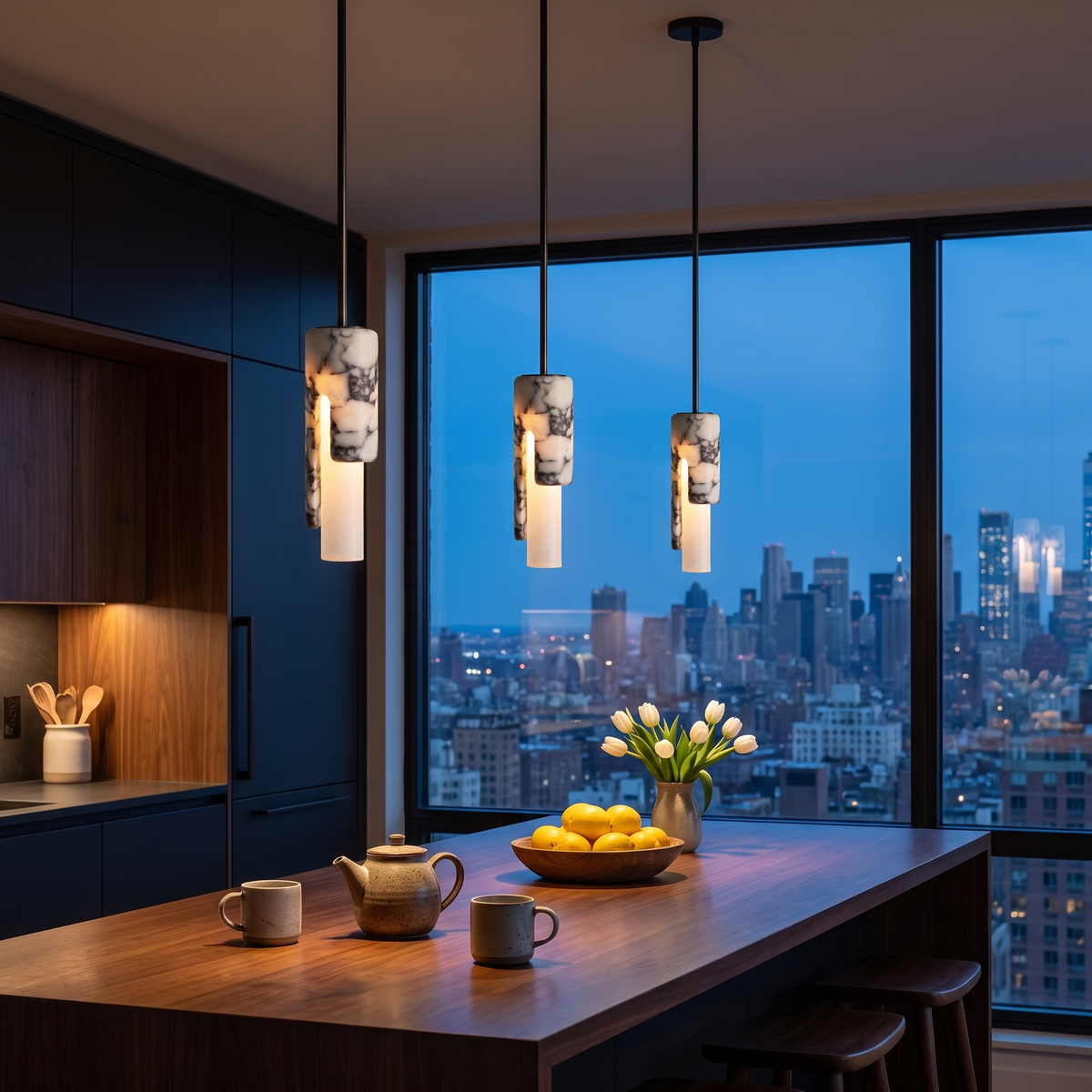 Three marble cylinder pendant lights over a kitchen island at dusk